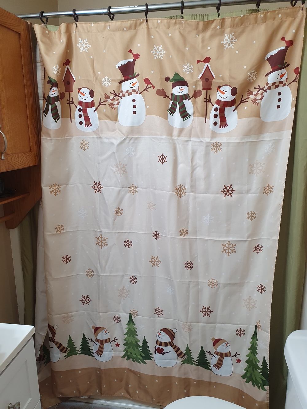 Festive Snowman Shower Curtain - Beige Snowflake Design